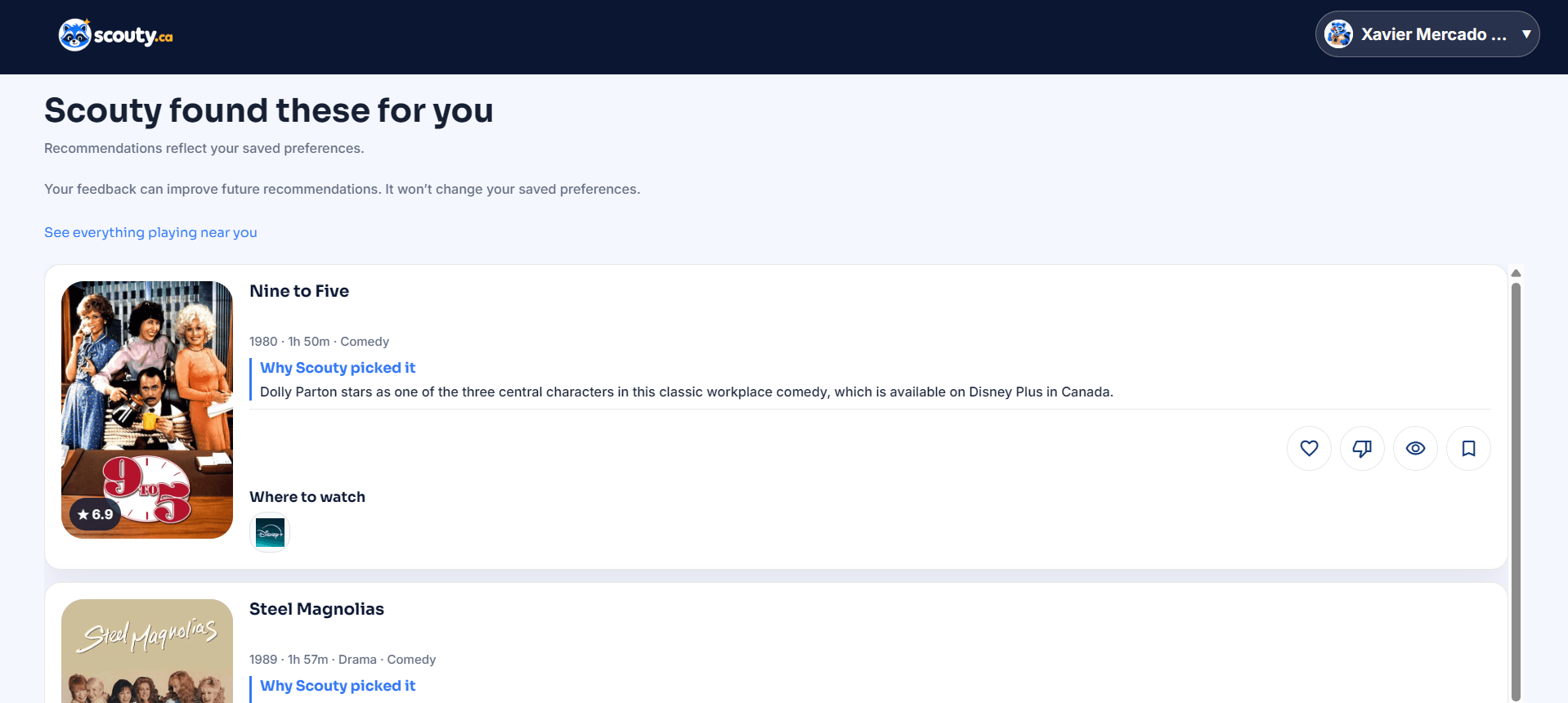 The Scouty web app showing recommended films with an explanation of why each was picked
